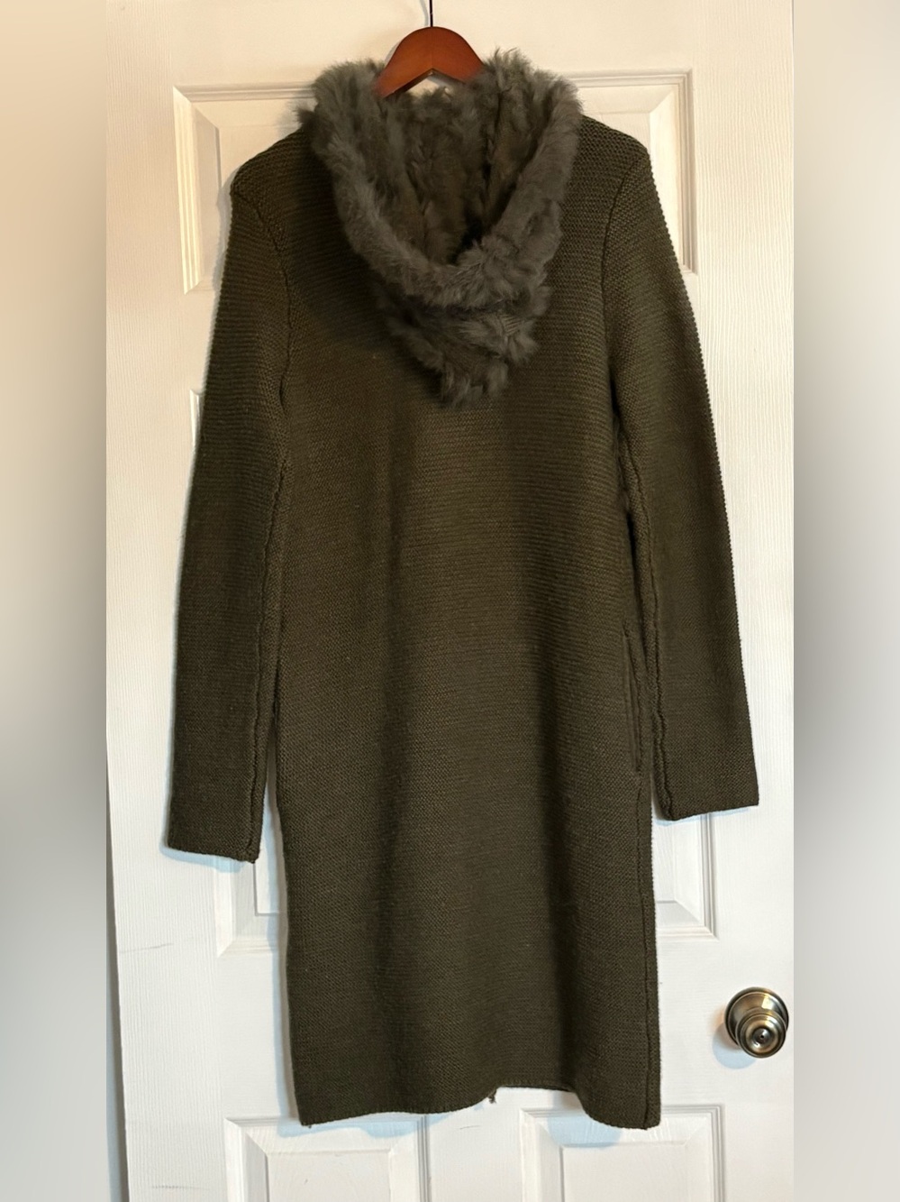 RUDSAK Olive Green Knit Longline Cardigan Real Fur Hood Duster Size Medium - Picture 3 of 16